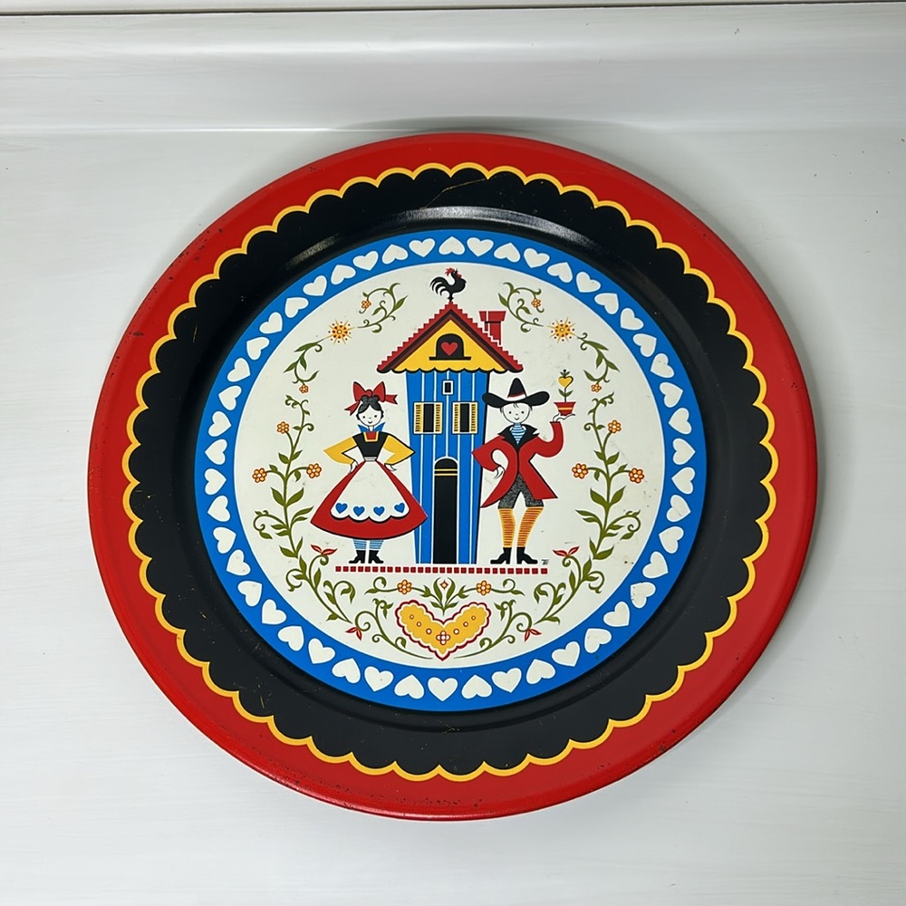 Vintage 🐓 Large Metal Tray Colorful Pennsylvania Dutch Folk Art Farmhouse Decor